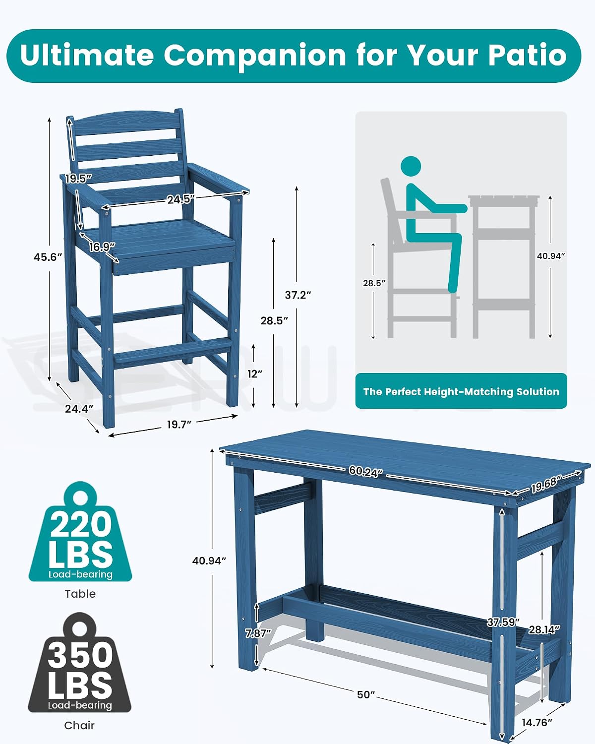 SERWALL Outdoor Bar Table and Chairs Set, Adirondack Bar Chairs Set of 2 and Bar Height Table, All Weather HDPE Patio Bar Set, Outdoor Furniture for Outside, Blue