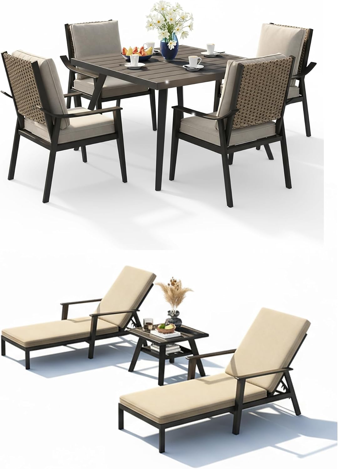 PURPLE LEAF Outdoor Dining Set of 4 with Thick Cushions Heavy-Duty Metal Patio Dining Furniture and with Lounger Chair Set for Lawn Garden Poolside Deck