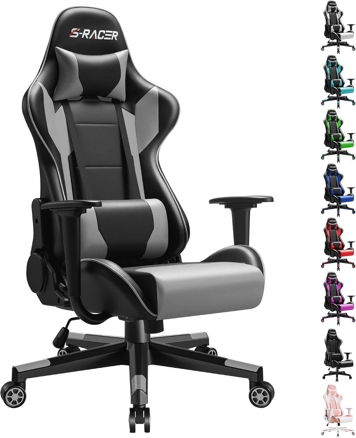 Furniwell Gaming Chair Racing Computer Chair Office Desk Chair Adjustable Swivel High Back Carbon Fiber Style Leather Executive Ergonomic Chair with Headrest and Lumbar Support (Grey)