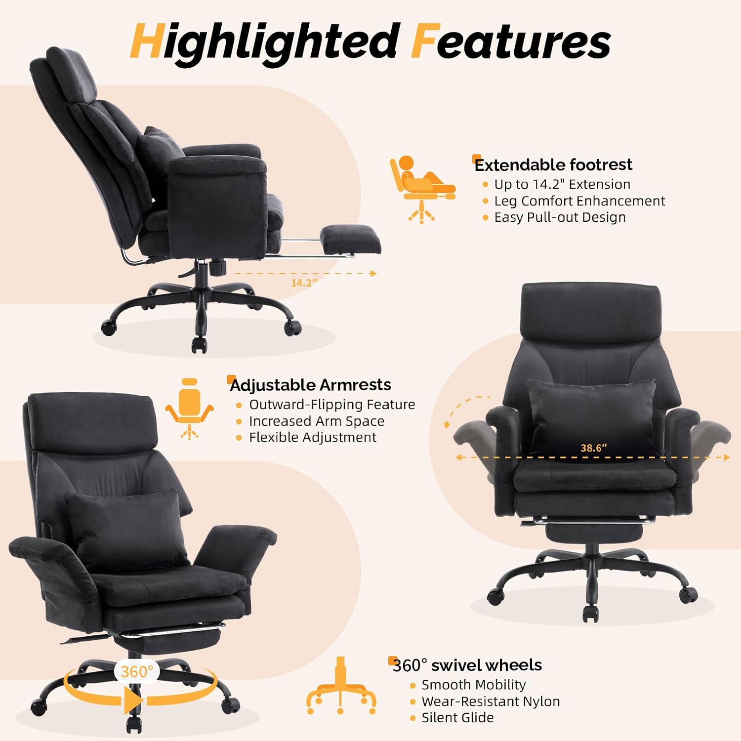 VINGLI 100-130° Reclining Tall Office Chair with Foot Rest & Adjustable Armrests, Ergonomic Criss Cross Chair with Wheels & Headrest, Comfy Wide-Seat Gamer Chair for the Heavy, Microfiber, Black