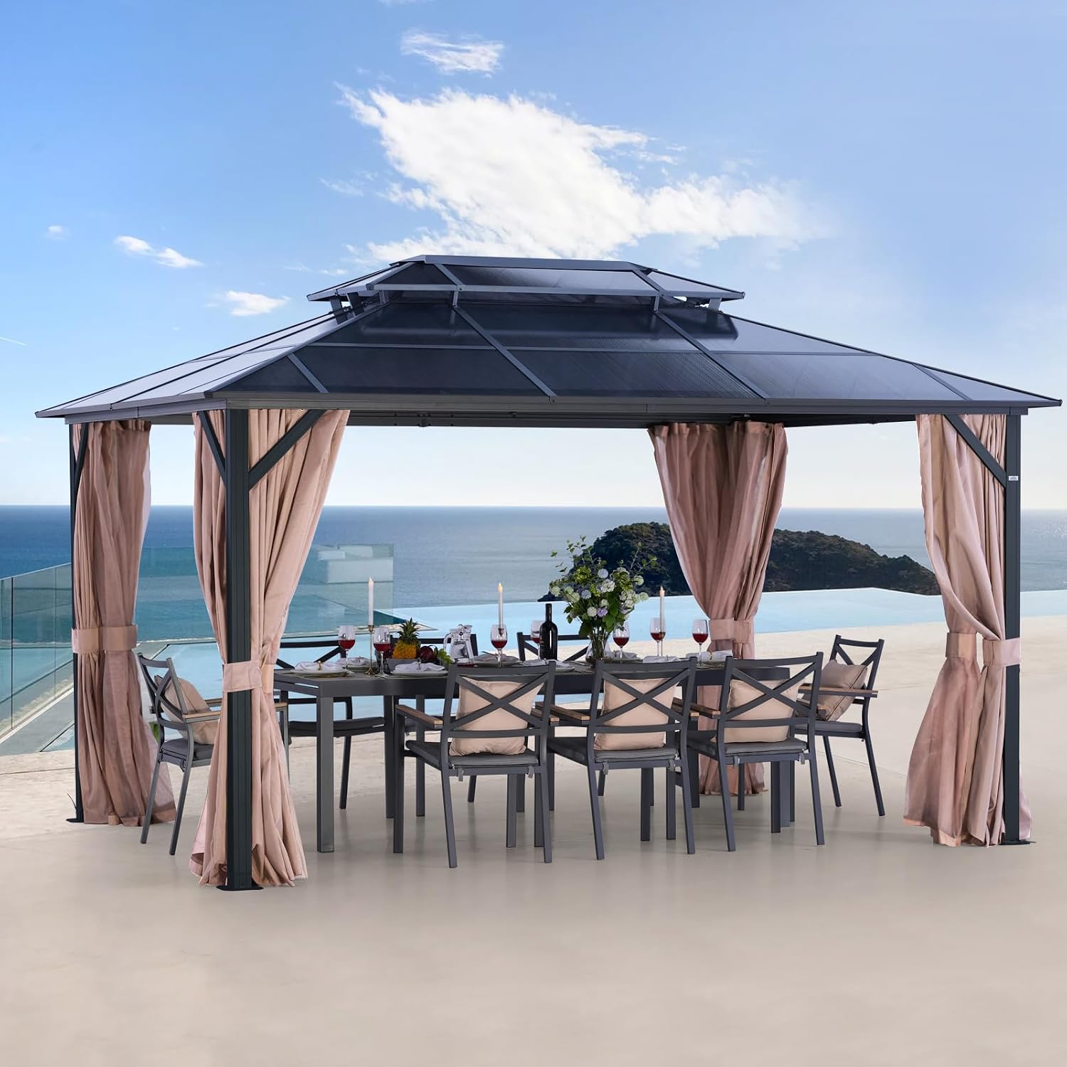 LeDoasis 10' X 13' Permanent Hardtop Gazebo, Outdoor Polycarbonate Double Roof Canopy with Breathable Netting & Privacy Curtain for Patio Backyard Garden Lawn Party