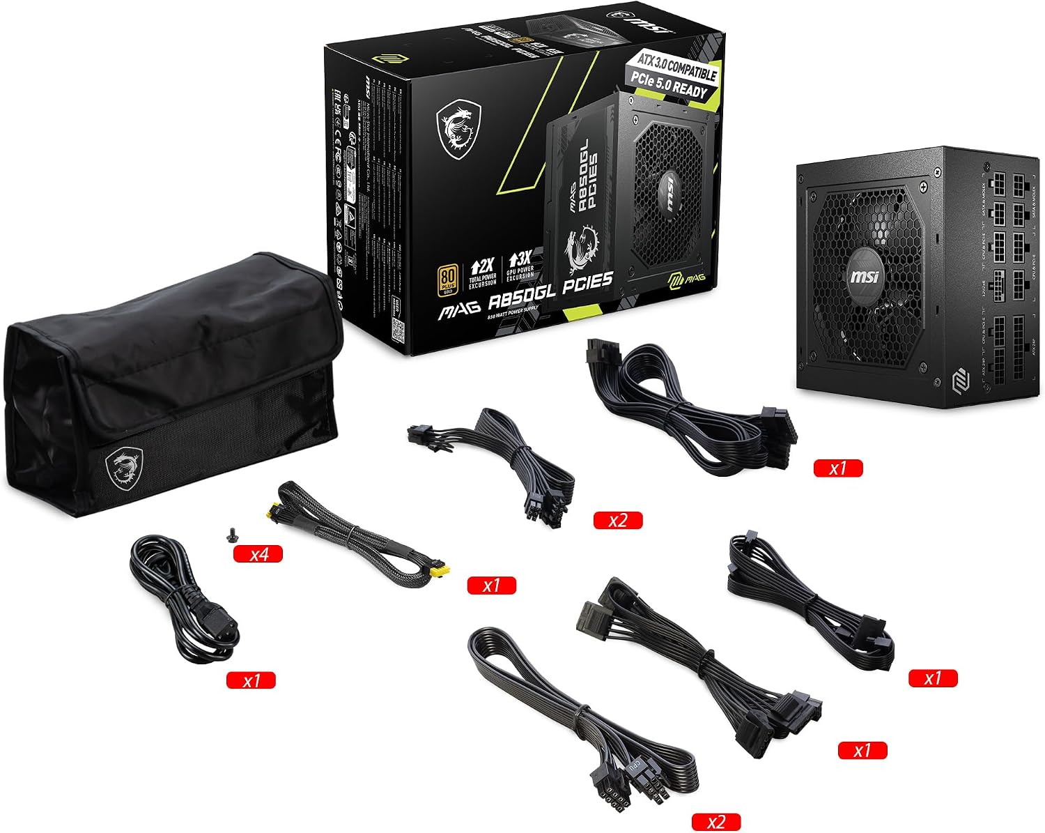MSI MAG A850GL PCIE5, Fully Modular Compact Gaming 850W Power Supply, 80+ Gold, ATX 3.1 & PCIe 5.1 Ready, Native Dual-Color 12V-2x6 Cable, 10 Year Warranty
