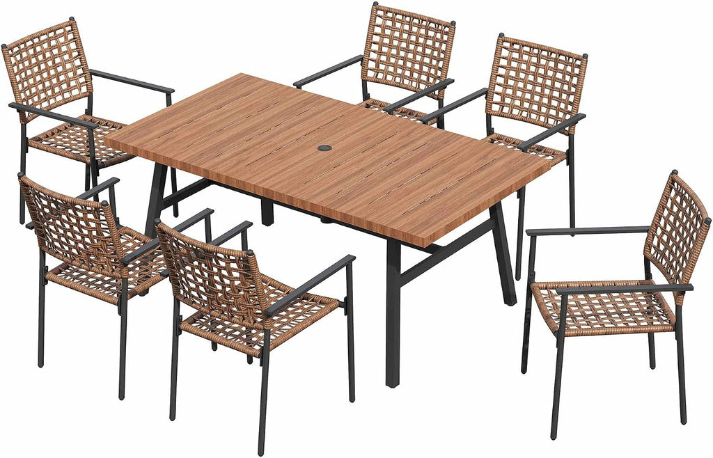 LAUSAINT HOME Outdoor Patio Dining Set 7 Pieces, Outdoor Rattan Dining Table and Chairs Set with Metal Table and Umbrella Hole, Patio Furniture Sets for Garden Backyard Deck Balcony