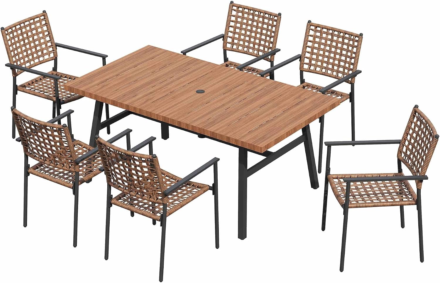 LAUSAINT HOME Outdoor Patio Dining Set 7 Pieces, Outdoor Rattan Dining Table and Chairs Set with Metal Table and Umbrella Hole, Patio Furniture Sets for Garden Backyard Deck Balcony