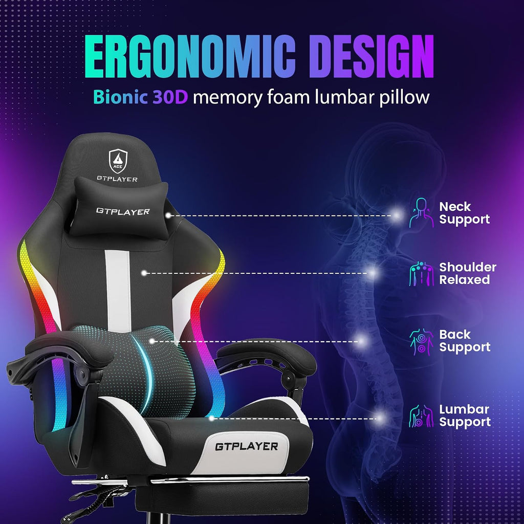 GTPLAYER RGB Gaming Chair with Footrest, LED Lights, Ergonomic Computer Chair with Linkage Armrest, Breathable Fabric for Home Office Desk - Video Game Chairs for Adults, Standard RGB