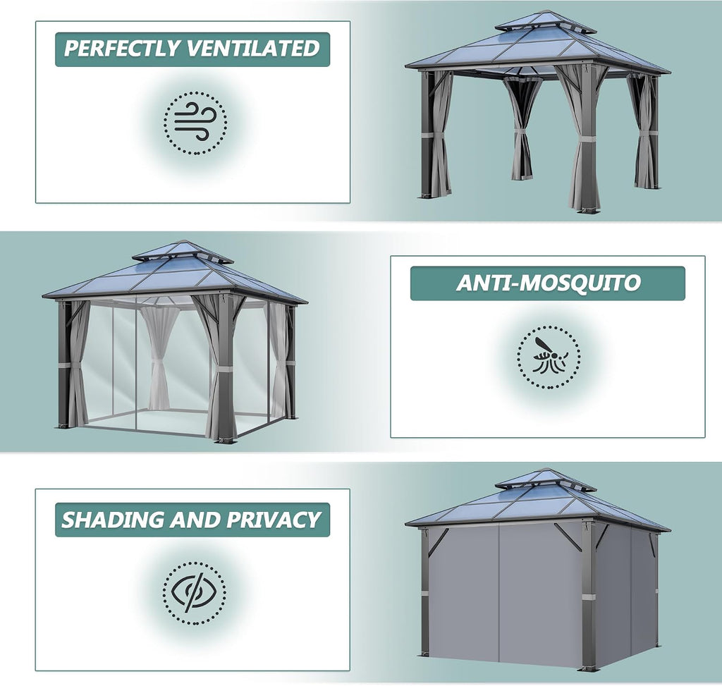 10'x12' Hardtop Gazebo, Outdoor Polycarbonate Gazebo with Netting & Shaded Curtains, Aluminum Frame Heavy Duty Gazebo for Patio, Backyard, Deck and Lawn