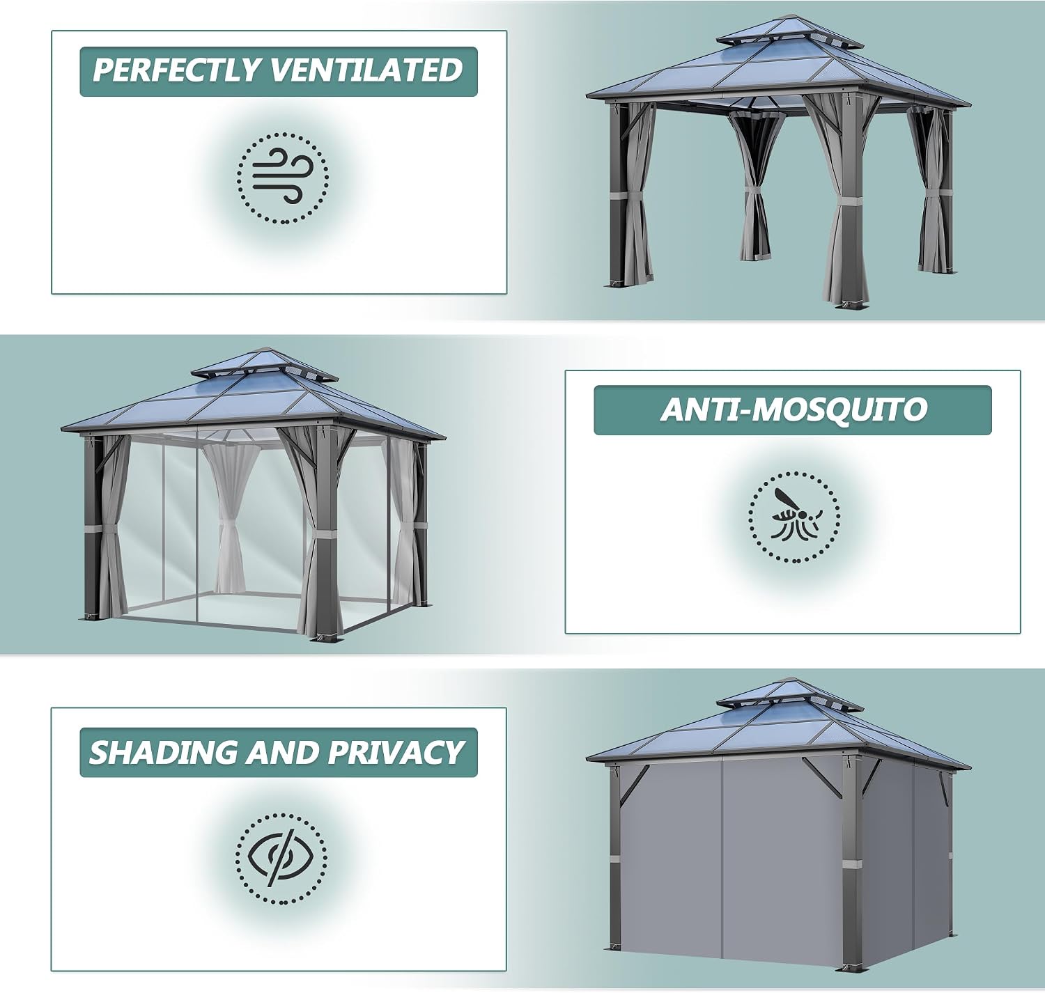 10'x12' Hardtop Gazebo, Outdoor Polycarbonate Gazebo with Netting & Shaded Curtains, Aluminum Frame Heavy Duty Gazebo for Patio, Backyard, Deck and Lawn