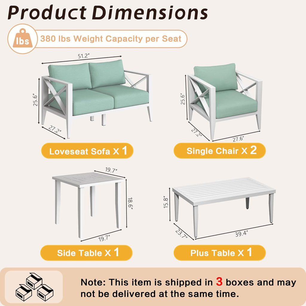 5-Piece Aluminum Patio Furniture Set, Oversized Outdoor Conversation Sofa Set with Coffee Table, White All-Weather Deep Seating, Rust-Proof Frame for Backyard, Deck, Porch, or Balcony