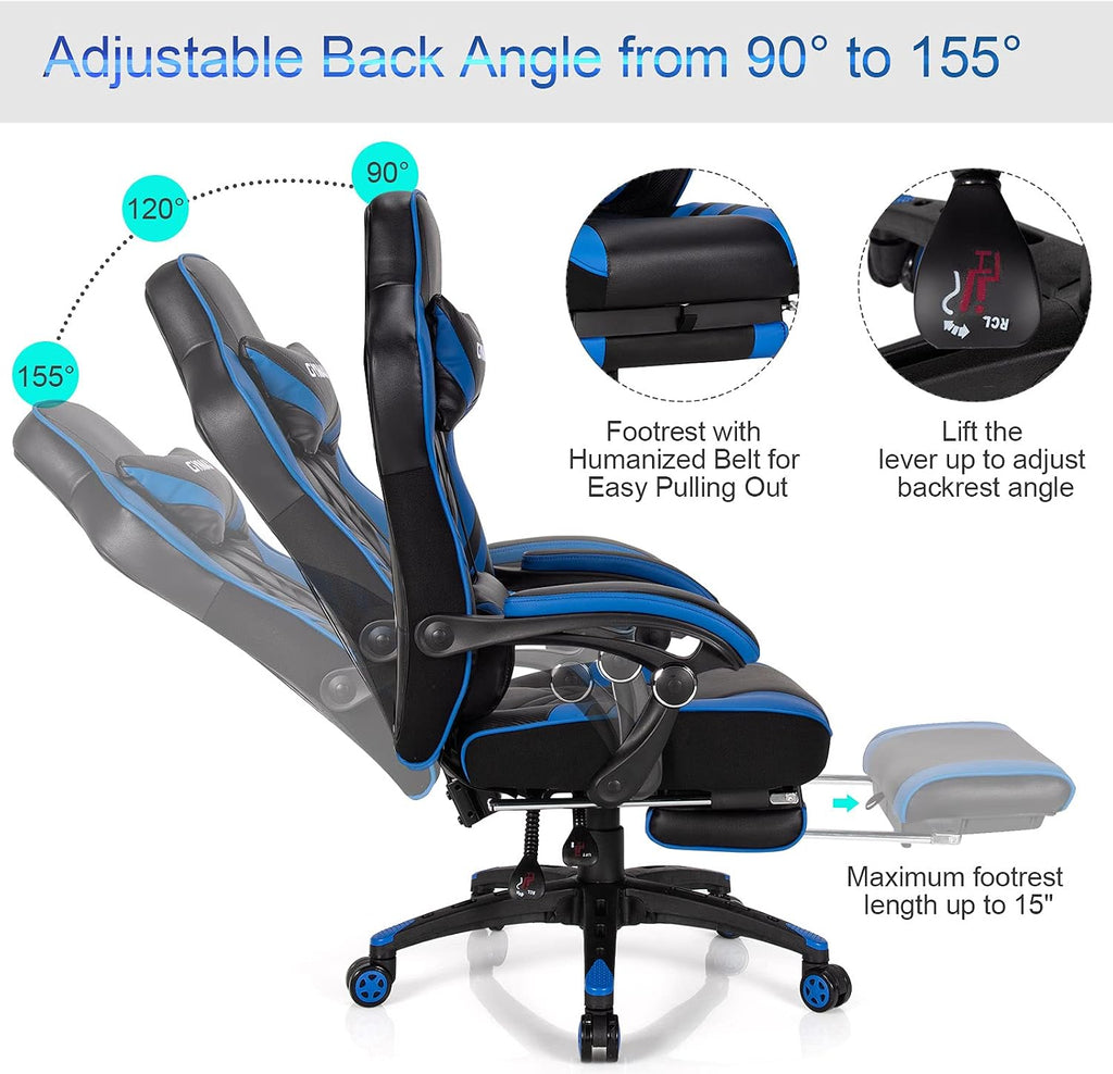 GYMAX Gaming Chair, Ergonomic Computer Chair with Footrest, Linkage Armrests & Lumbar Cushion, Big Wide High Back Video Gaming Chair, Reclining Office Rolling Chair for Adult/Teens (Blue)