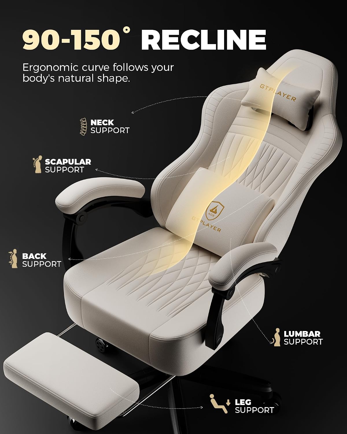 GTPLAYER Big and Tall Gaming Chair with Footrest, Extra Wide Seat Video Game Chairs for Adults - Padded High Back Ergonomic Reclining Silla Gamer, Linkage Armrest, Ace Pro, Ivory