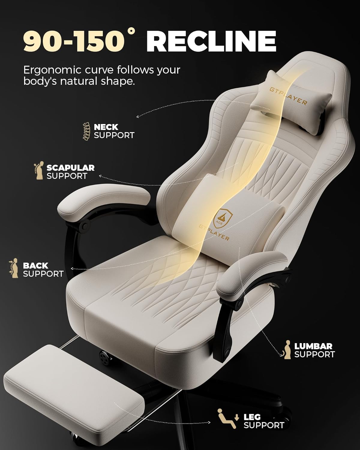 GTPLAYER Gaming Chair for Adults, Ergonomic Video Game Chairs, Footrest & Linkage Armrest, Reclining High Back Silla Gamer with Wider Seat for Home Office, Ace Pro, Cream