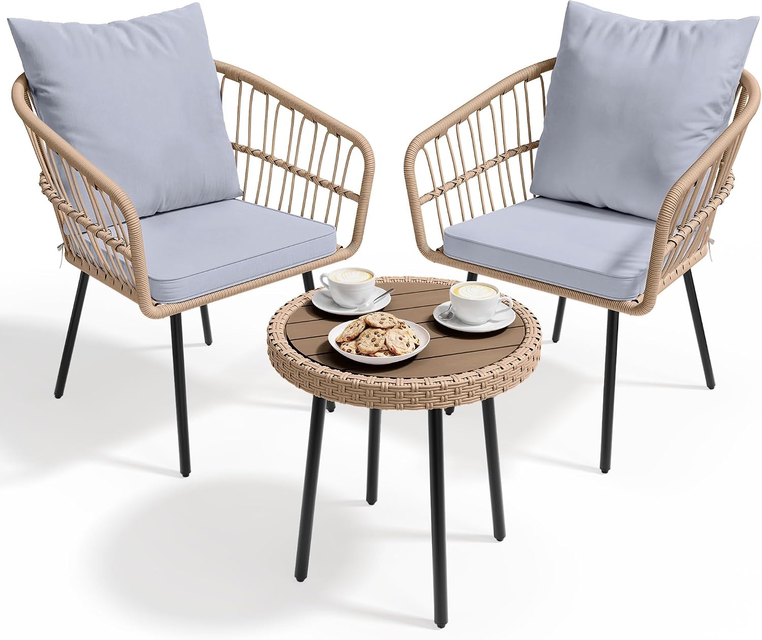 YITAHOME 3 Piece Bistro Set Outdoor with Thick Cushions&Table All-Weather Wicker Patio Furniture Set with Armrest Rattan Conversation Set for Balcony, Backyard, Pool, Porch, Deck - Grey