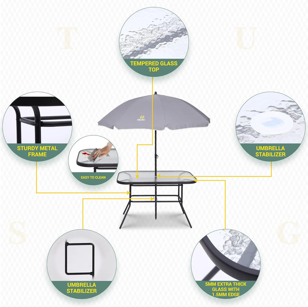 Nice C Outdoor Dining Sets, Patio Furniture Set, 8 Piece Set with Umbrella, Garden Outdoor Furniture Table Set with Removable Umbrella, Glass Table, and 6 Folding Chairs (Grey)