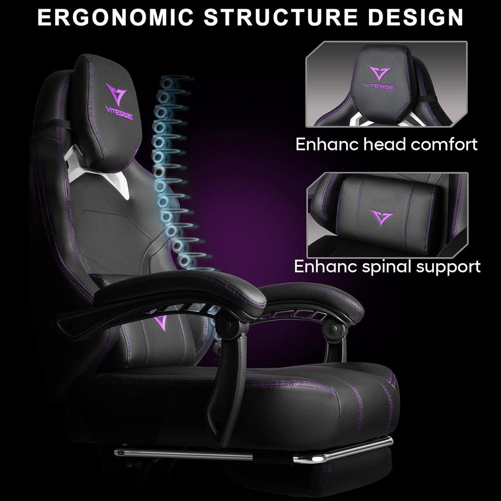 VITESSE Big and Tall Gaming Chair 400lb Weight Capacity with Footrest, Ergonomic Video Game Chair for Adults with Oversized Headrest and Lumbar Pillow, Computer Chair Gaming for Office (Black+Purple)