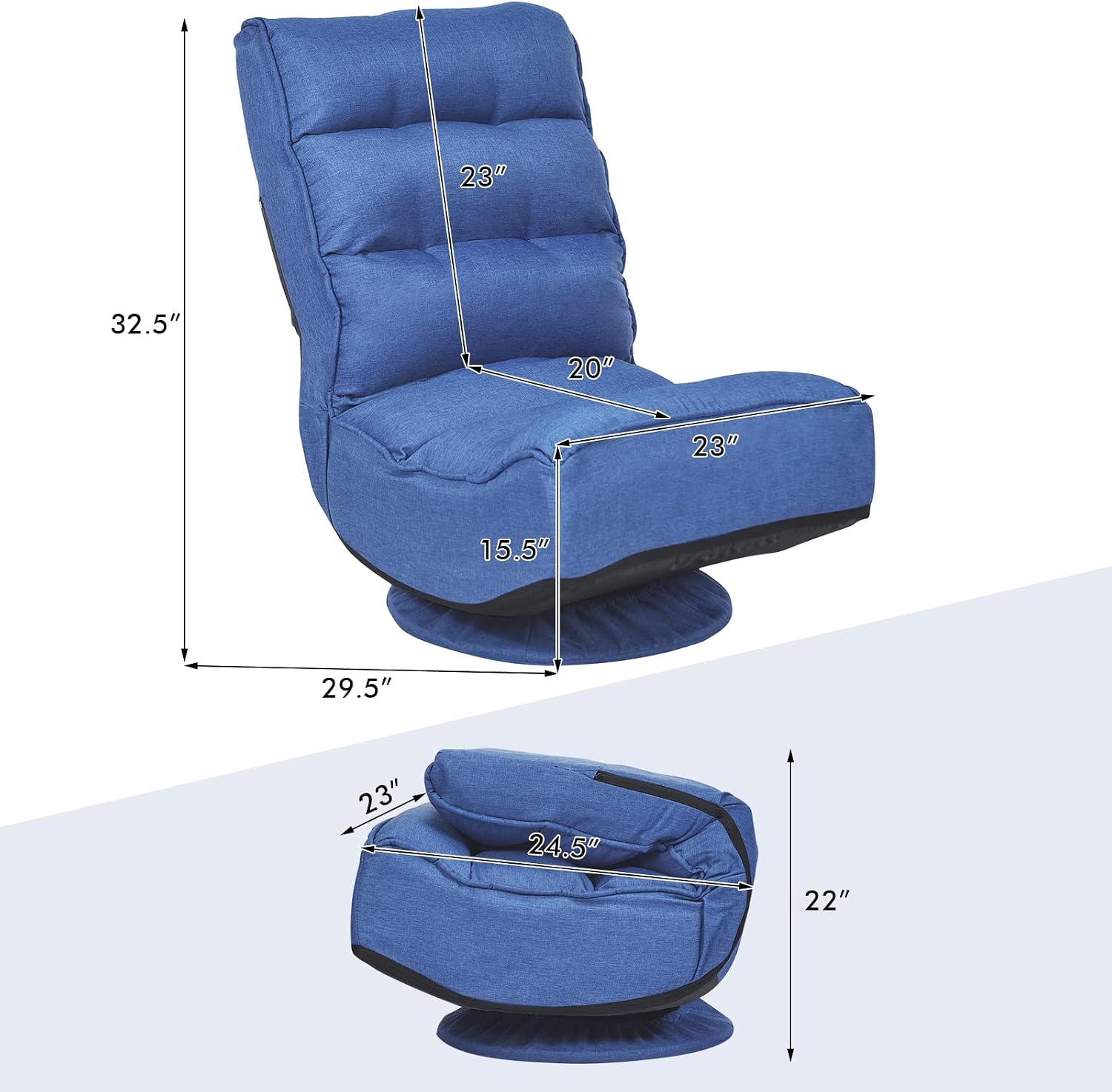 COSTWAY Folding Floor Chair, Adjustable 5-Position Video Gaming Chair with 360 Degree Swivel, Detachable Cover, Padded Backrest, Multipurpose Living Room Floor Lounger for TV, Reading, Playing (Navy)
