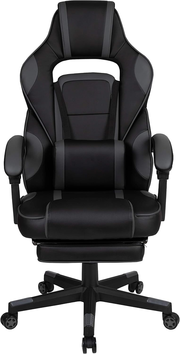 EMMA + OLIVER Black/Gray Ergonomic Gaming Chair -Recline Back/Arms, Footrest, Massaging Lumbar