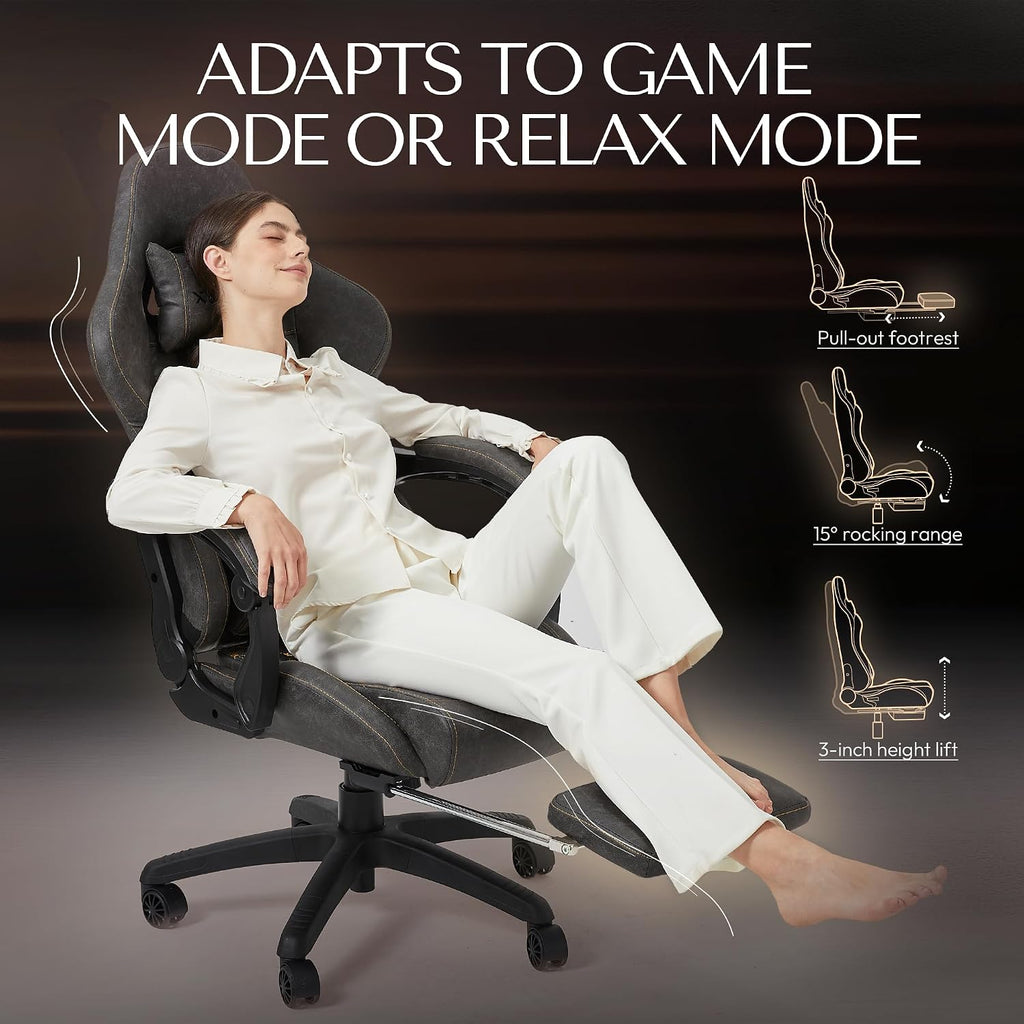 Dowinx Big & Tall Vintage Gaming Chair for Adults, 400 lb Capacity Heavy Duty Ergonomic Computer Chair with Massage Lumbar, Footrest & Easy Side Recline, Grey