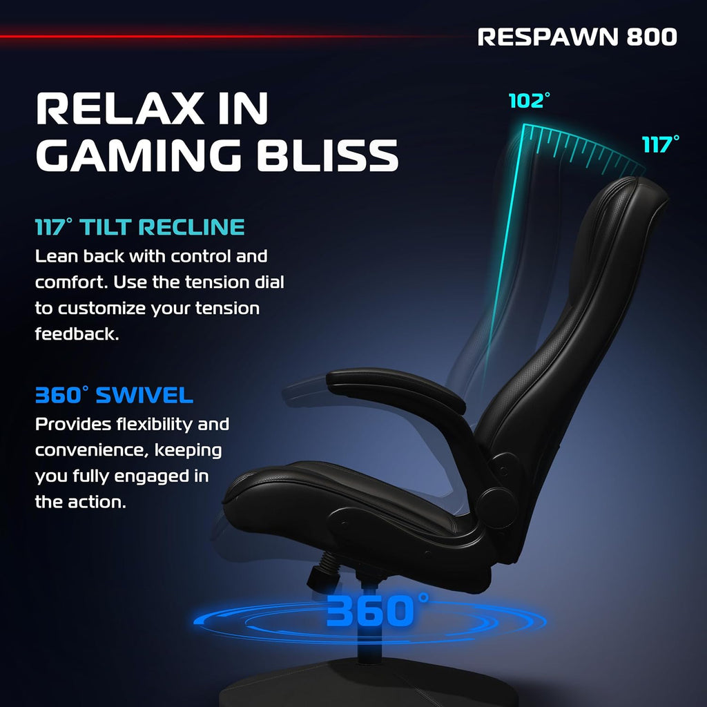 RESPAWN 800 Swivel Rocker Gaming Chair - Ergonomic Floor Gaming Seat with Lumbar Support, Flip Up Armrest, High Back, Pedestal Base, Comfortable No Wheels Console Video Game Rocker Chair - Black