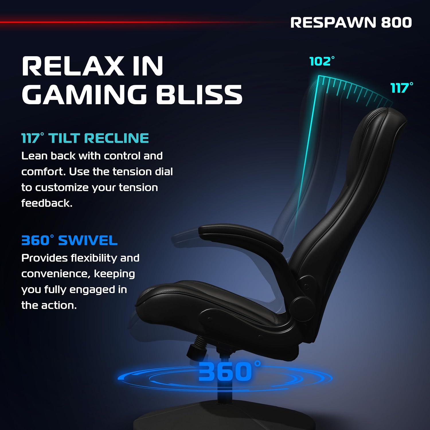 RESPAWN 800 Swivel Rocker Gaming Chair - Ergonomic Floor Gaming Seat with Lumbar Support, Flip Up Armrest, High Back, Pedestal Base, Comfortable No Wheels Console Video Game Rocker Chair - Black