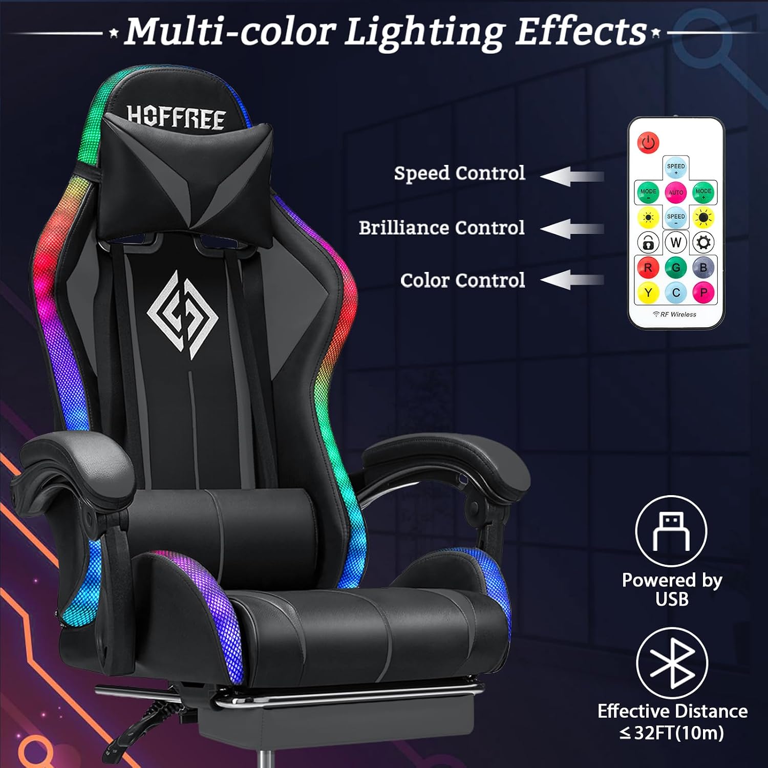 Gaming Chair with Bluetooth Speakers and LED RGB Lights Ergonomic Massage Computer Gaming Chair with Footrest High Back Music Video Game Chair with Lumbar Support Grey and Black