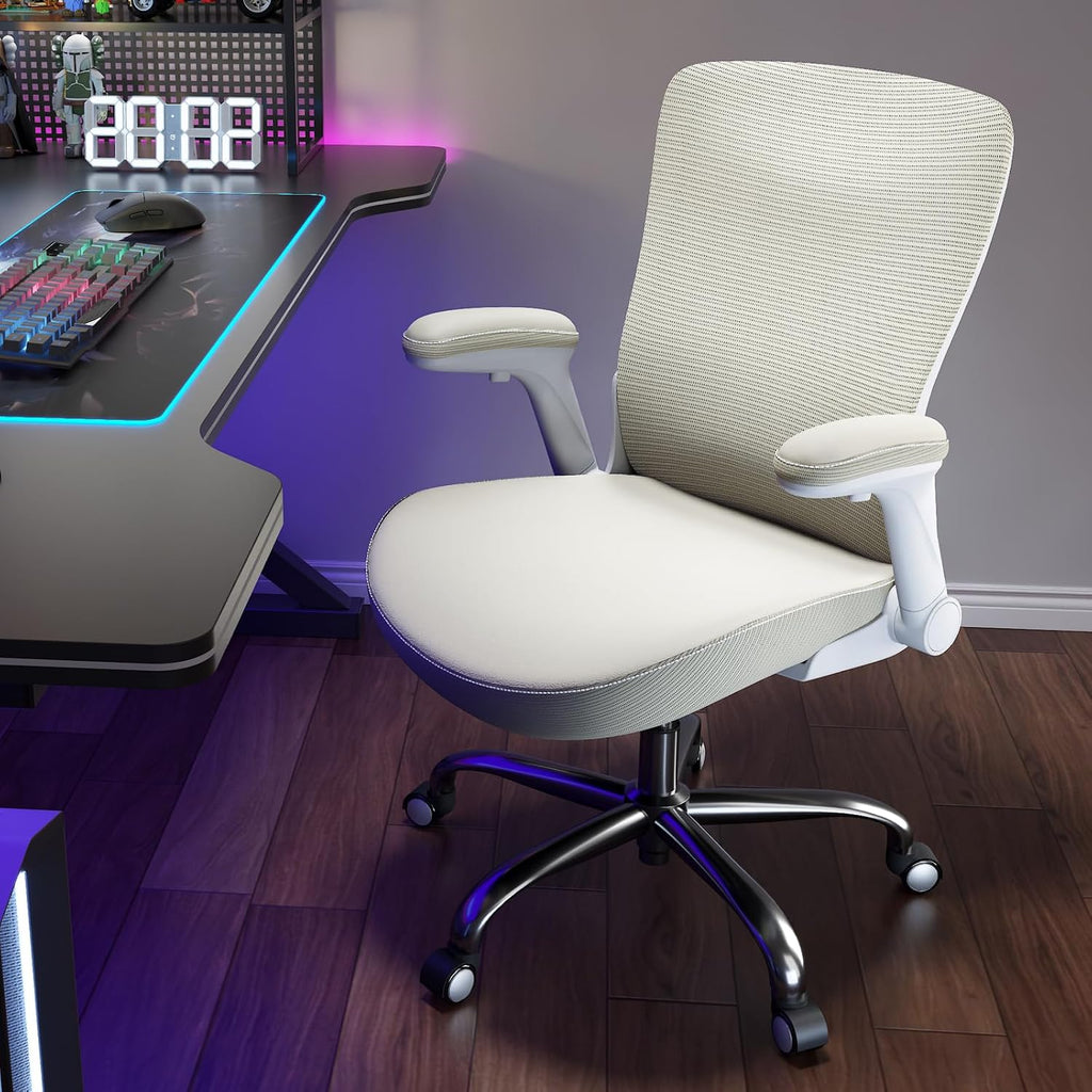 Ergalithic Office Home Ergonomic Desk Chair-Computer X-Shaped Chair Mesh PU Leather with Adjustable Lumbar Support-Executive Chair High Back Flip-Up Arms for Long Hours (Beige-No Headrest)