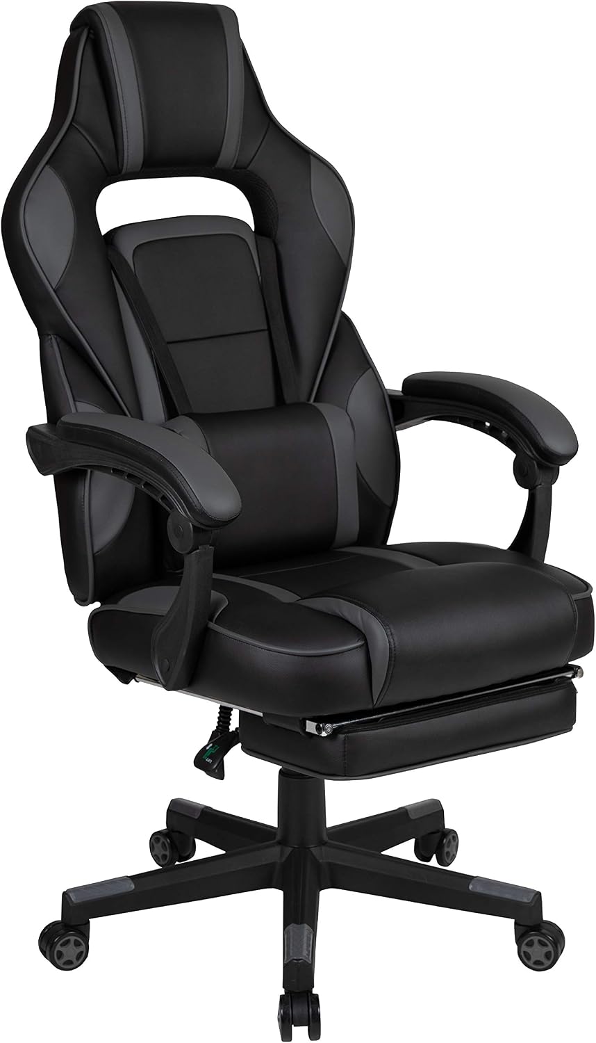 EMMA + OLIVER Black/Gray Ergonomic Gaming Chair -Recline Back/Arms, Footrest, Massaging Lumbar