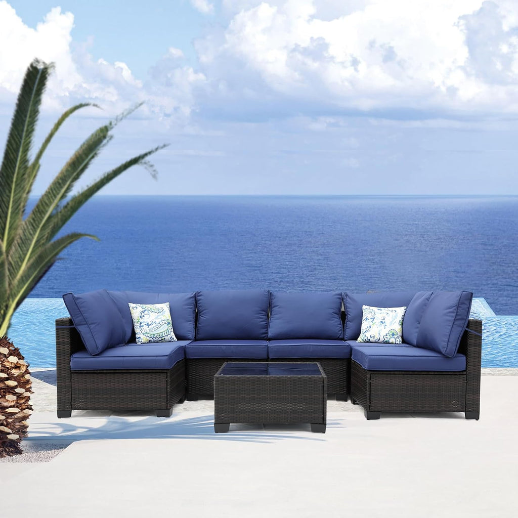 7 Pieces Patio Furniture Set (Brown/Blue), All-Weather Outdoor Sectional Sofa with Anti-Slip Cushions & 2 Pillows, Conversation Set Perfect for Garden, Lawn, Deck