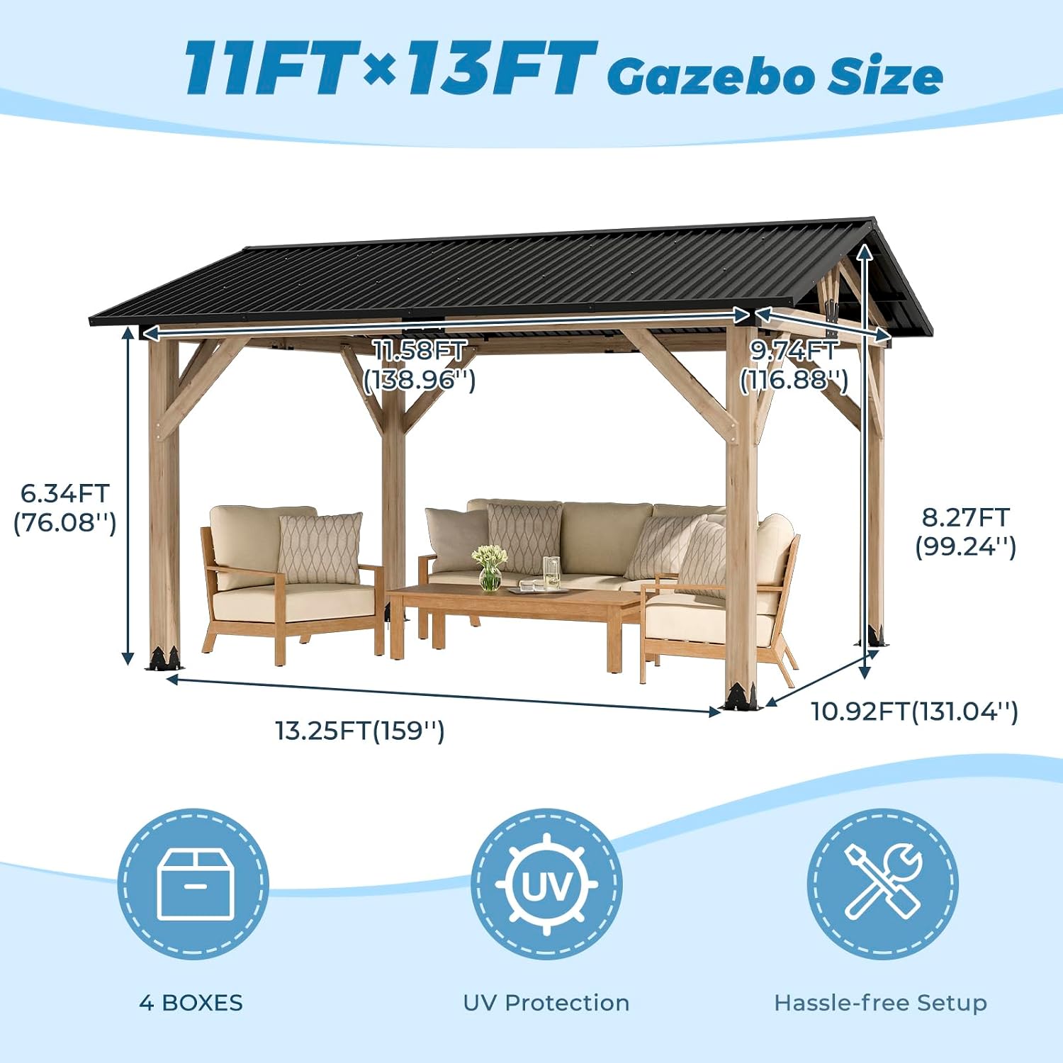 LVUYOYO 11' x 13' Wood Gazebo, Outdoor Hardtop Gazebo, Galvanized Steel Gable Roof Pergola, Outdoor Pavilion for Patio, Backyard, Garden, Deck
