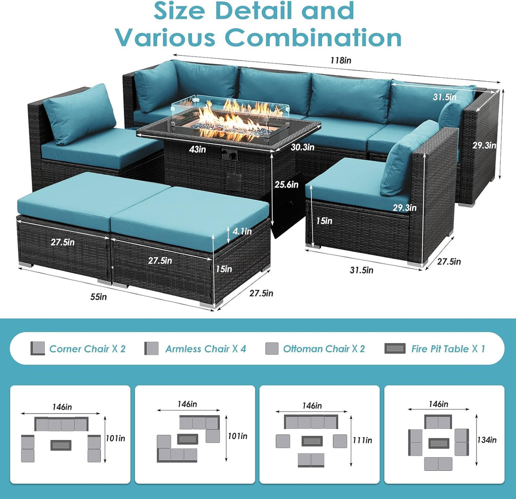 BULEXYARD 9 Pcs Highback Patio Furniture Set with Firepit, High-End Outdoor Sectional Couch with Ottoman 8-Seats, Cozy Comfy Wide Deep Deck Seating Group Conversation, Grey Rattan & Turquoise Cushion