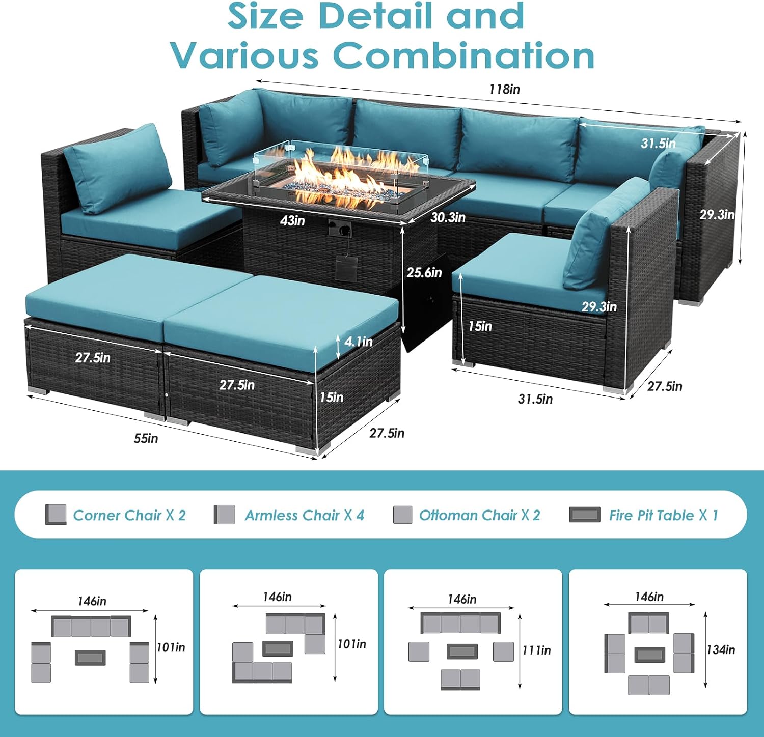 BULEXYARD 9 Pcs Highback Patio Furniture Set with Firepit, High-End Outdoor Sectional Couch with Ottoman 8-Seats, Cozy Comfy Wide Deep Deck Seating Group Conversation, Grey Rattan & Turquoise Cushion