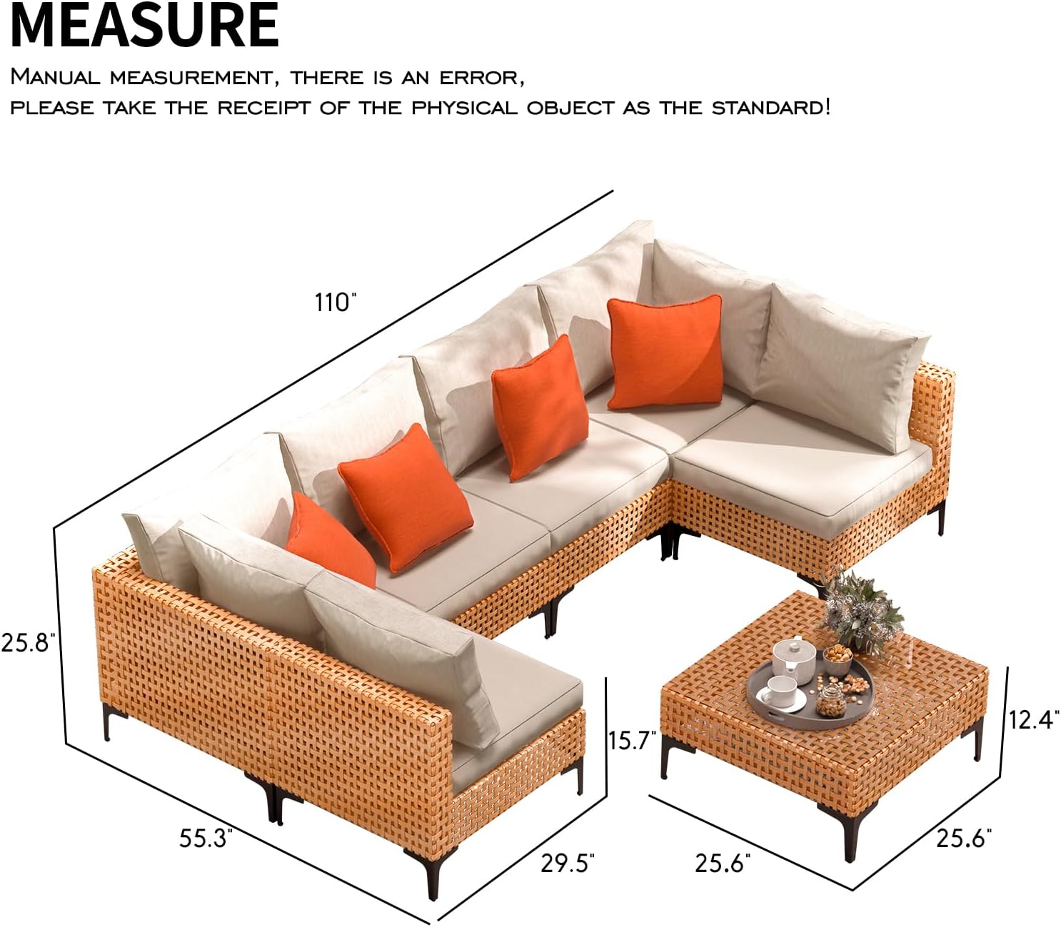 7 Piece Outdoor Patio Furniture Set Modular Outdoor Furniture Set Wicker Outdoor Sectional Sofa with Table Patio Set for Balcony Porch Deck Yard (Salmon&Orange Wicker, Sand Cushion)