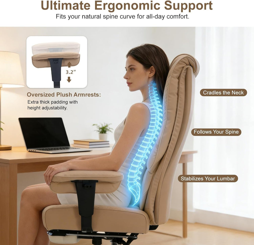 EXCEBET Big and Tall Office Chair 400lbs Wide Seat, Leather High Back Executive Office Chair with Foot Rest, Ergonomic Chairs Lumbar Support for Lower Back Pain Relief, All-Day Comfort (Brown)