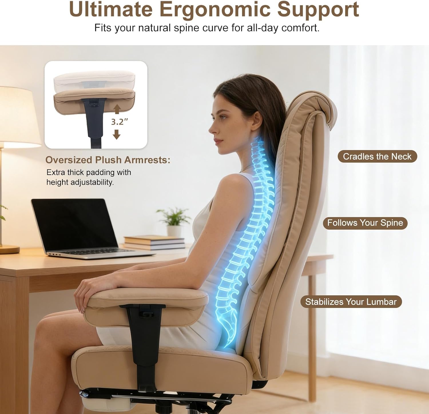 EXCEBET Big and Tall Office Chair 400lbs Wide Seat, Leather High Back Executive Office Chair with Foot Rest, Ergonomic Chairs Lumbar Support for Lower Back Pain Relief, All-Day Comfort (Brown)