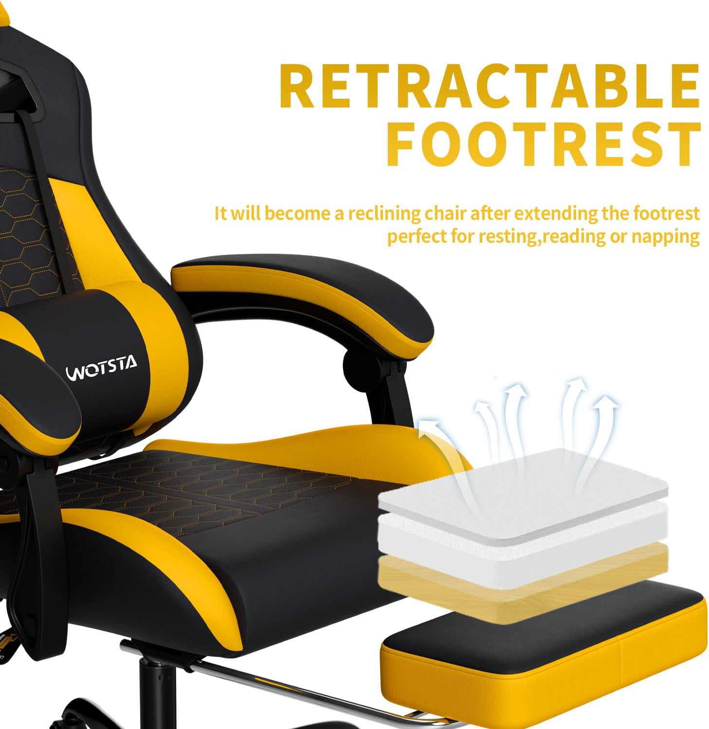 Gaming Chair with Massage,Ergonomic PC Gaming Chair with Footrest Comfortable Headrest and Lumbar Support,High Back Game Chair PVC Leather,300LBS (BlackYellow)