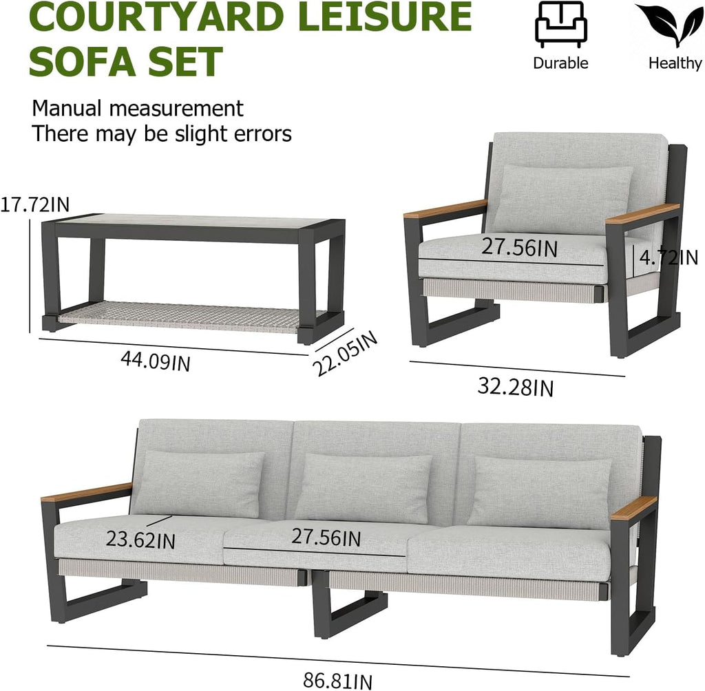 Aug-guan Aluminum Outdoor Patio Furniture Set 5 Seat, Patio Conversation Set with Durable Mesh Rope Weaving, Wide Armrests and Seats, Metal Sofa Set for Patio Grey