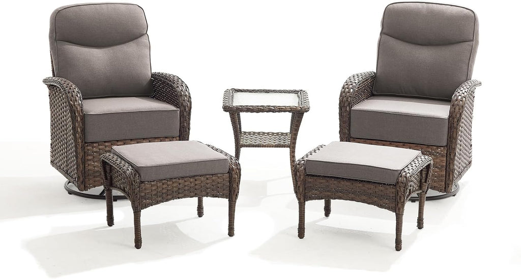 Outdoor Swivel Rocking Chair Patio Set (5-Piece), High-Back - Thick Cushion Swivel Rocking Chair Patio Set, All-Weather Wicker Patio Furniture Set, Suitable for Balcony Patios, Brown/Gery