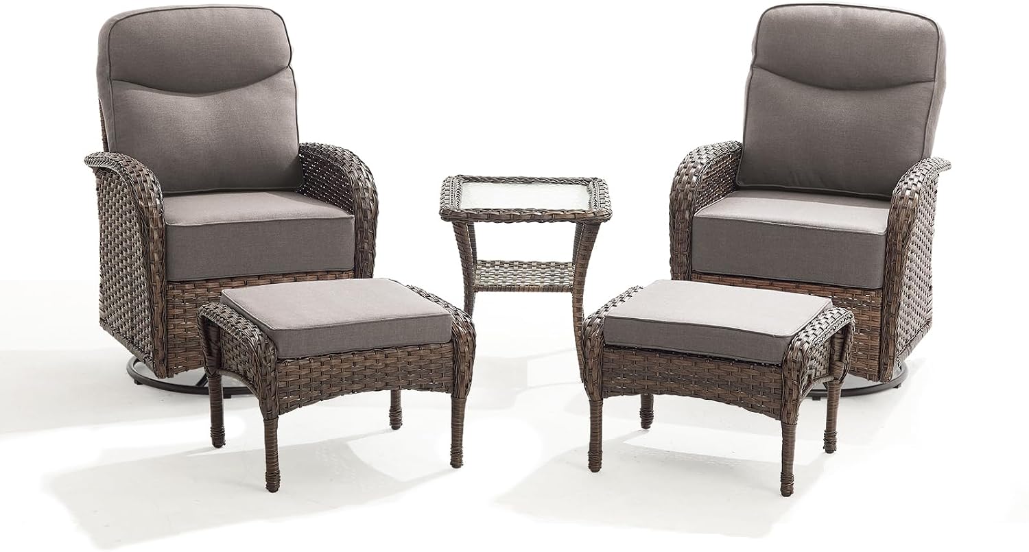 Outdoor Swivel Rocking Chair Patio Set (5-Piece), High-Back - Thick Cushion Swivel Rocking Chair Patio Set, All-Weather Wicker Patio Furniture Set, Suitable for Balcony Patios, Brown/Gery