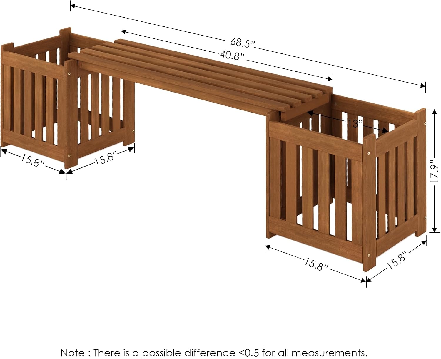 Furinno TIOMAN Planter Box with Bench, Hardwood Flower Box with Seat, Cube Garden Box, in Teak Oil, Outdoor Indoor, Garden, Patio, Balcony, Light Wood