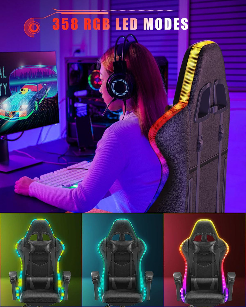 Racingreat Gaming Chair with RGB LED Lights, Ergonomic Computer Chair with Headrest and Lumbar Support, PU Leather High Back Height Adjustable Swivel Video Game Chairs for Adults(Black)