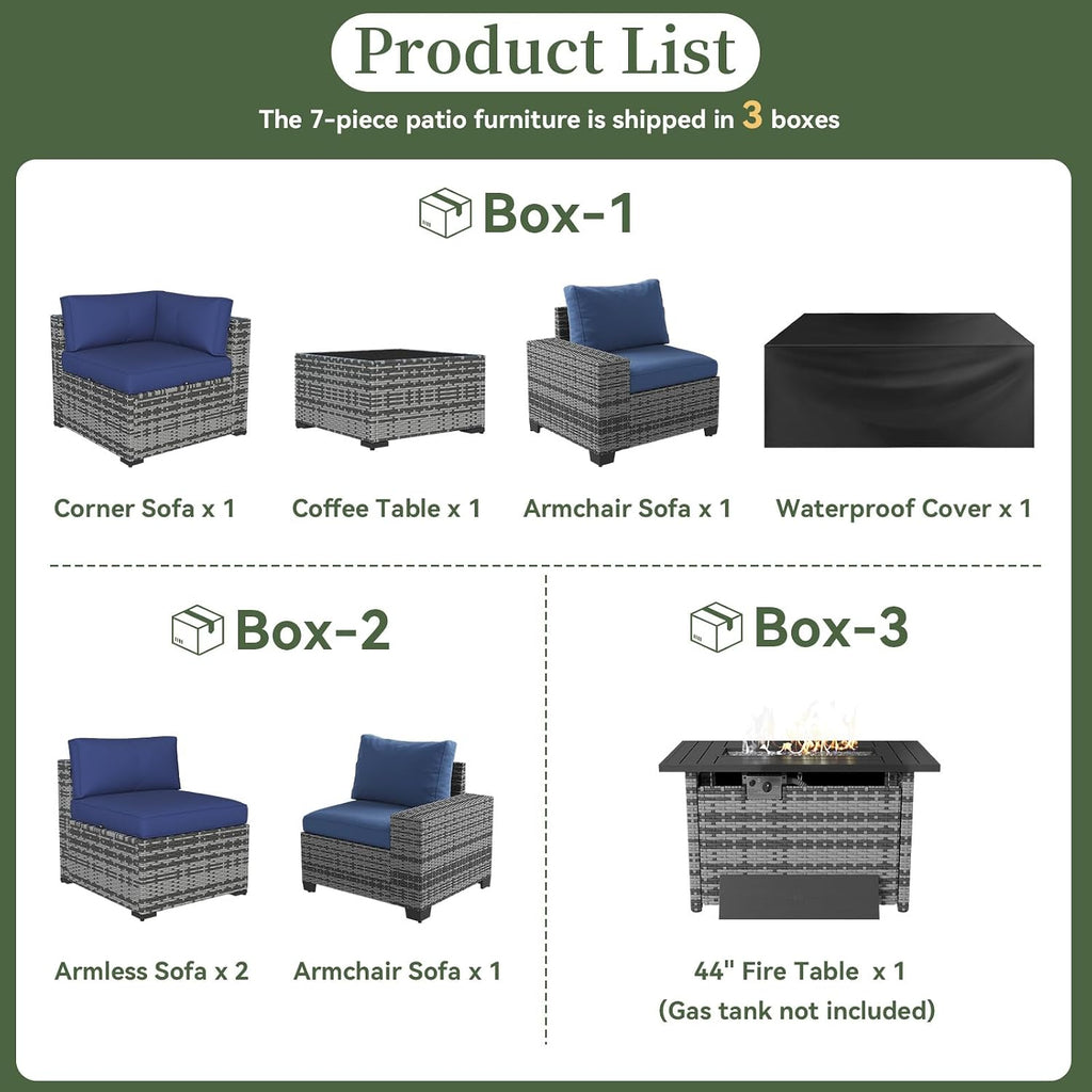 Aoxun 7 Piece Patio Furniture Set with Wide Armrests & 44' Fire Pit Table Wicker Rattan Outdoor Sectional Sofa Set with Coffee Table and Thickened Cushions, Gray/Blue(Waterproof Cover Included)