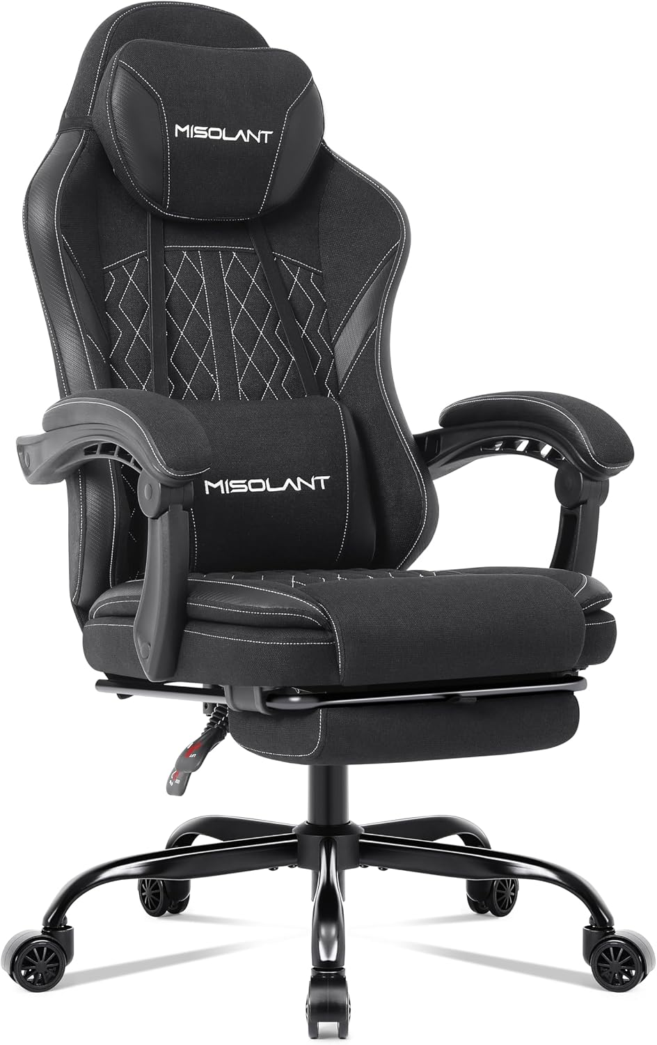 Misolant Gaming Chair, Fabric Gamer Chair with footrest for Adults, High Back Ergonomic Computer Game Chair with Adjustable Headrest and Massage Lumbar Support, 90-155° Recline Free，Black