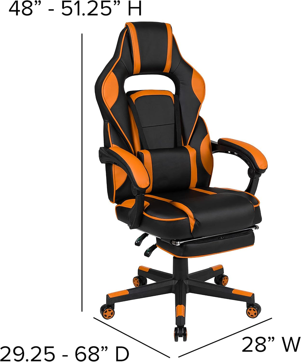 EMMA + OLIVER Black/Orange Ergonomic Gaming Chair -Recline Back/Arms, Footrest, Massaging Lumbar