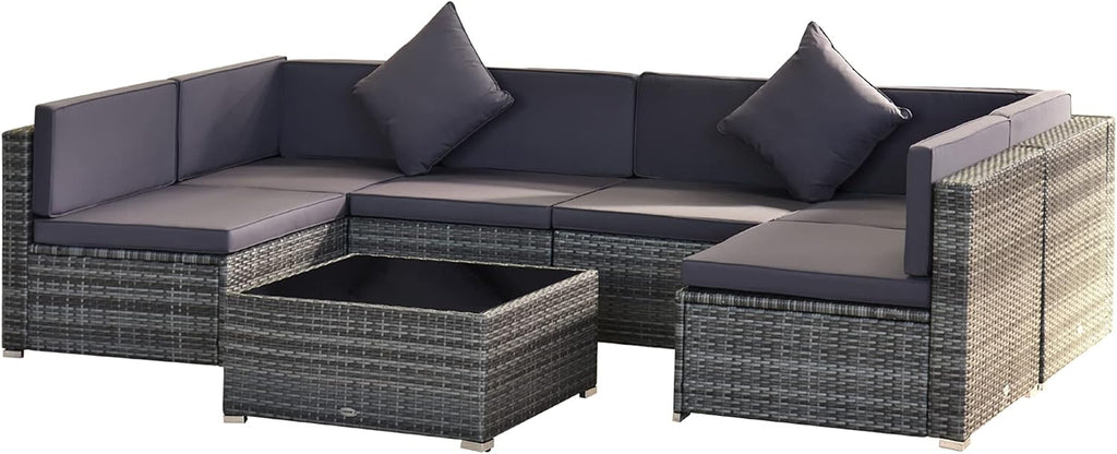 Outsunny 7-Piece Patio Furniture Sets Outdoor Wicker Conversation Sets All Weather PE Rattan Sectional Sofa Set with Cushions & Tempered Glass Desktop, Grey