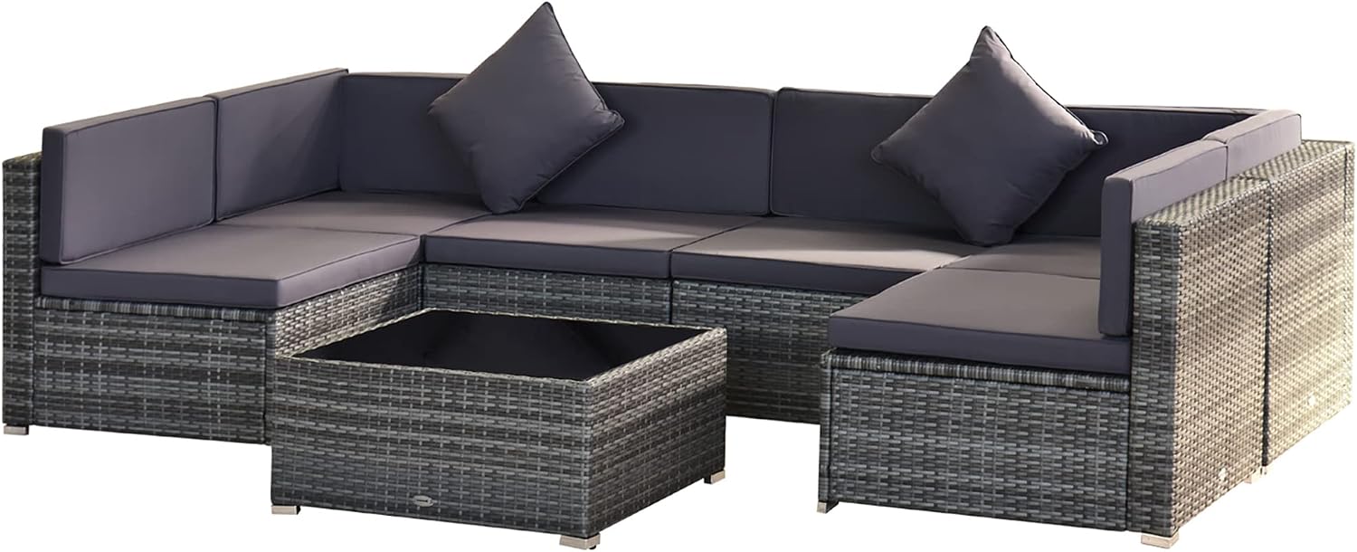 Outsunny 7-Piece Patio Furniture Sets Outdoor Wicker Conversation Sets All Weather PE Rattan Sectional Sofa Set with Cushions & Tempered Glass Desktop, Grey