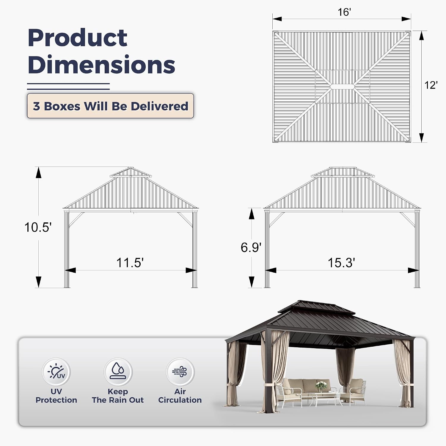 SUNSHINE VALLEY 12'x16' Hardtop Gazebo, Permanent Aluminum Outdoor Gazebo with Galvanized Steel Double Roof & Gutter System, Heavy Duty Patio Pavilion Canopy with Netting and Curtains for Deck, Garden