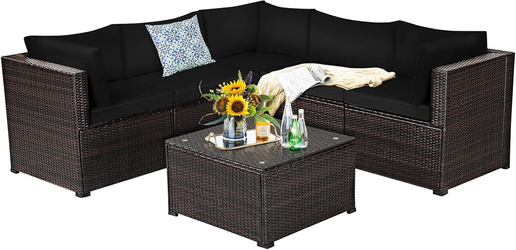 Tangkula 6 Pieces Patio Furniture Set, Outdoor Rattan Sofa Set, Wicker Conversation Set w/Tempered Glass Coffee Table & Cushions, Sectional Sofa Set for Backyard, Garden, Balcony, Poolside (Black)