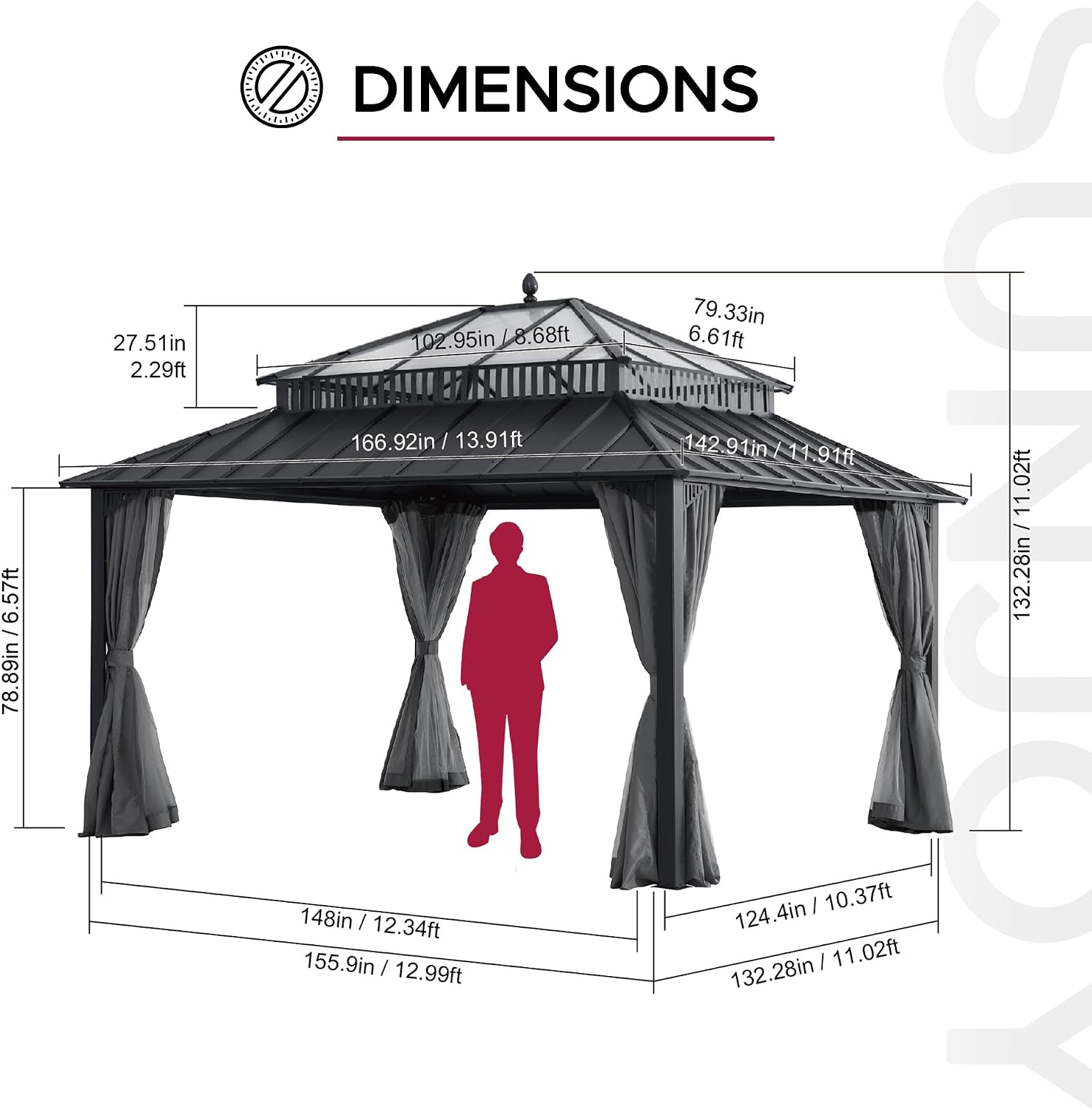 SUNJOY Kingston 14' x 12' Hardtop Gazebo with Galvanized Steel/Polycarbonate Double Roof, Curtain and Netting, Gray Aluminum Posts Permanent Pavilion Gazebo for Garden, Patio, Deck, Lawn