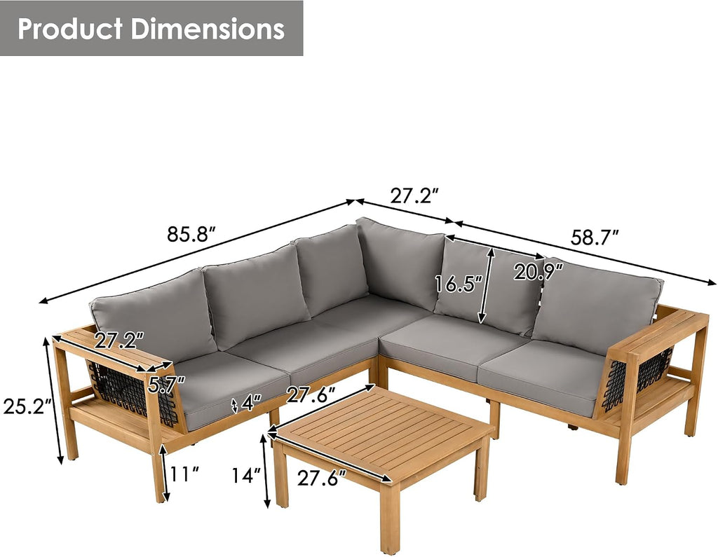 4 Piece Outdoor Patio Furniture Set, L-Shaped Patio Sofa Set with Coffee Table and Woven Mesh Armrests, All-Weather Conversation Seat with Cushions and Side Table (Gray+Natural)