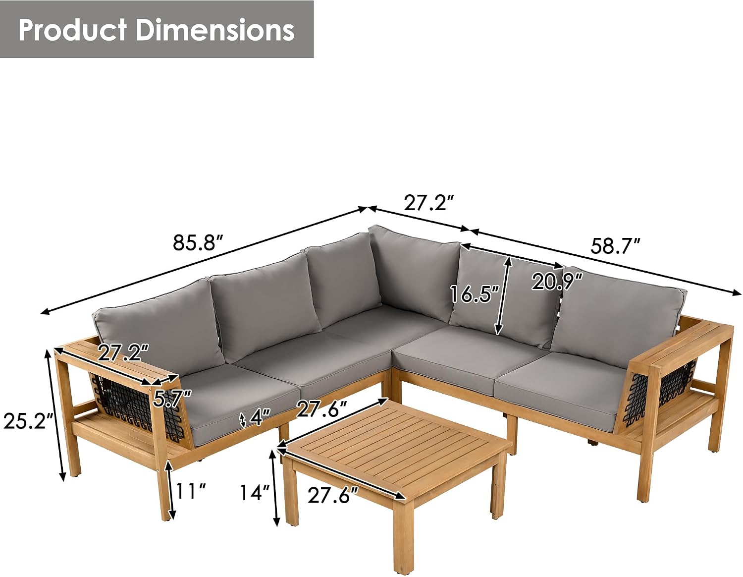 4 Piece Outdoor Patio Furniture Set, L-Shaped Patio Sofa Set with Coffee Table and Woven Mesh Armrests, All-Weather Conversation Seat with Cushions and Side Table (Gray+Natural)
