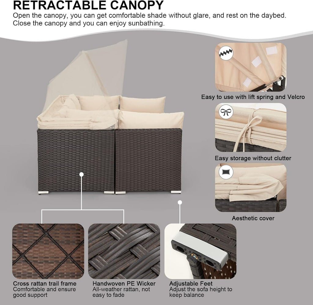 HOMREST 6 Pieces Patio Furniture Sets, Rattan Daybed with Retractable Canopy, Outdoor Sectional Sofa Set with Adjustable Backrest, Chaise Chair Sunbed for Garden Poolside Backyard(Khaki)